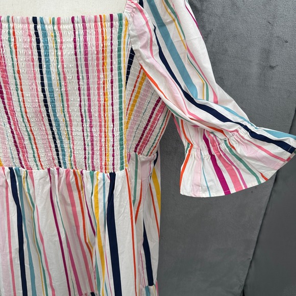 Eloquii Elements Rainbow Stripe Smocked Square Neck Ruffle Hem Flounce Dress 26 - Picture 3 of 12
